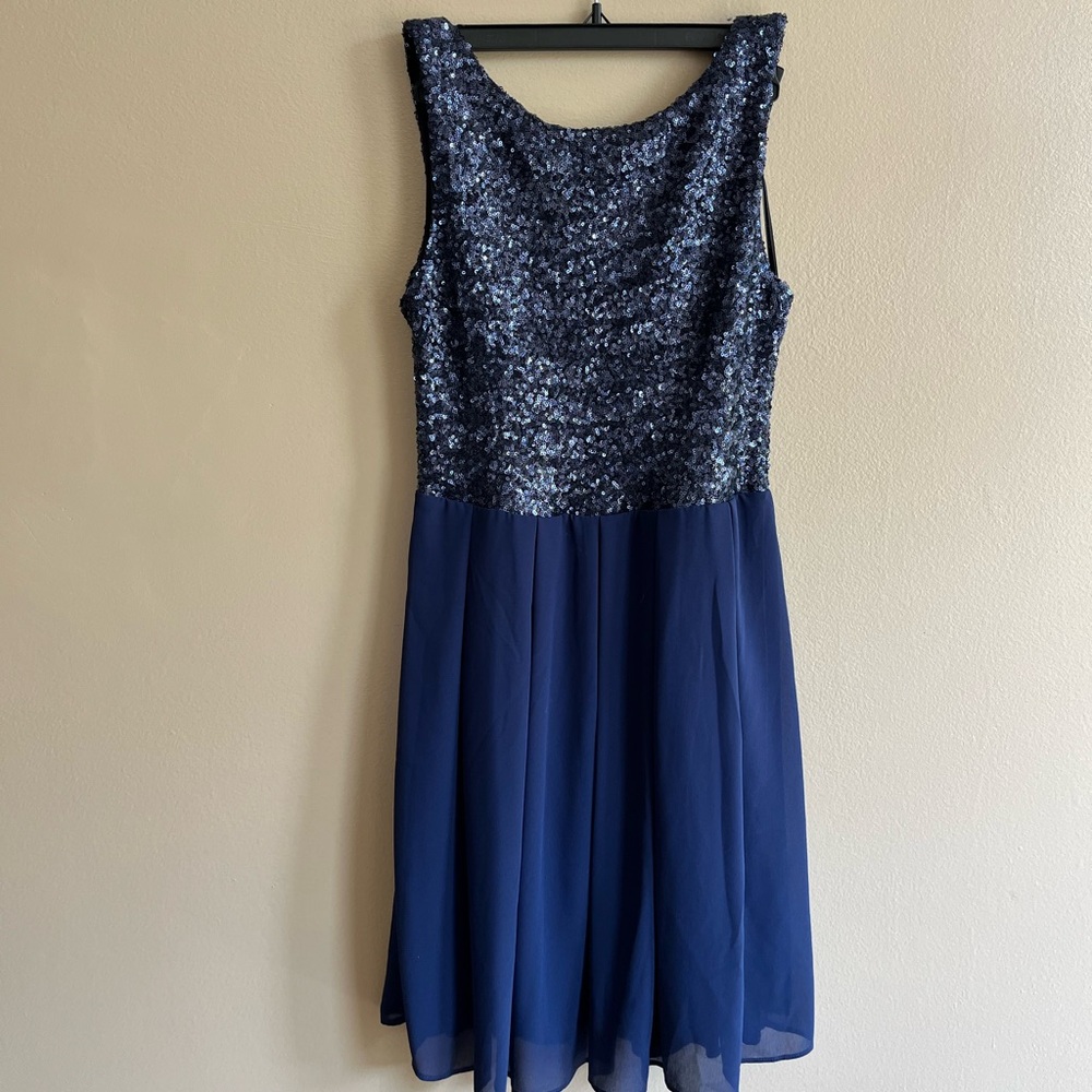 TFNC dress | size: medium | color: navy | sequined top | A line dress | flowy